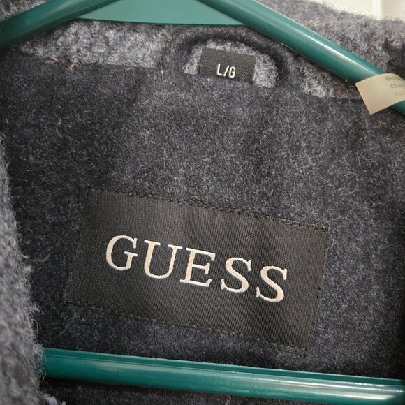 Guess-Y2K_ Black wool blend Leather Trim Zip Up winter peacoat_Large - Picture 2 of 6